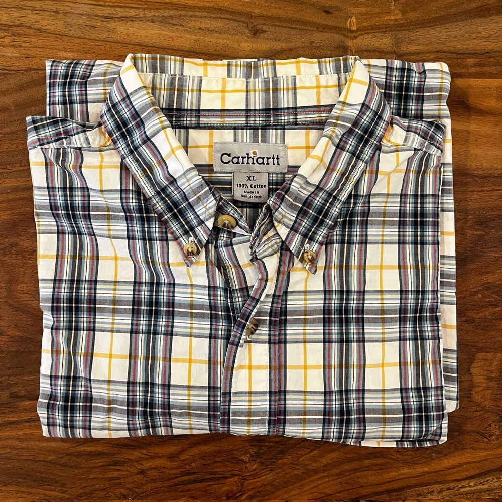 Carhartt Button Down Plaid White Blue Yellow Collared Long Sleeve Men’s XL
